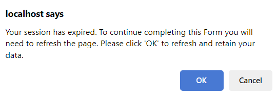 Picture showing the message that is displayed when a form's maximum session time has been reached. 
